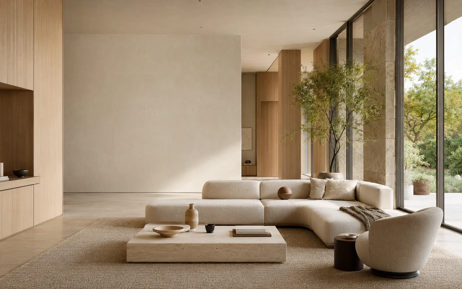 A warm, minimal living room with limestone and natural oak detailing